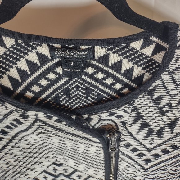 Lucky Brand Black and White Zip Jacket Tapestry Boho Aztec Tribal Size S… - Picture 4 of 7